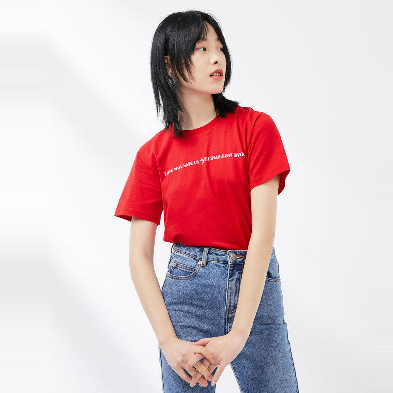 白色基础圆领短袖T恤2019春夏新款字母chic上衣女装 红色